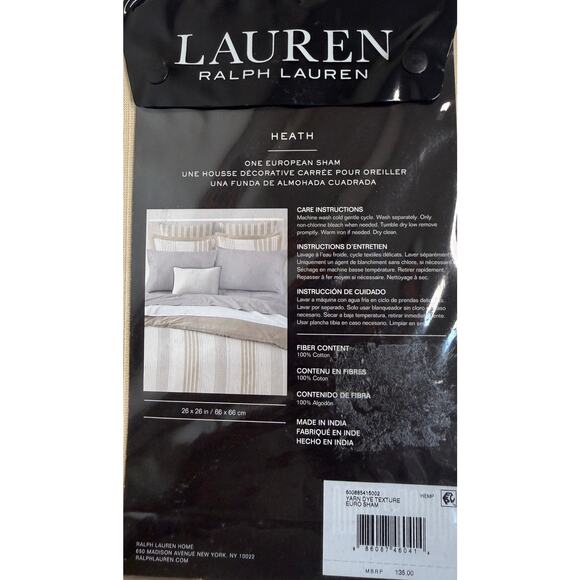 Lauren Ralph Lauren Heath European Sham 26 x 26 Tan Cream Stripe Cotton New - Picture 3 of 6
